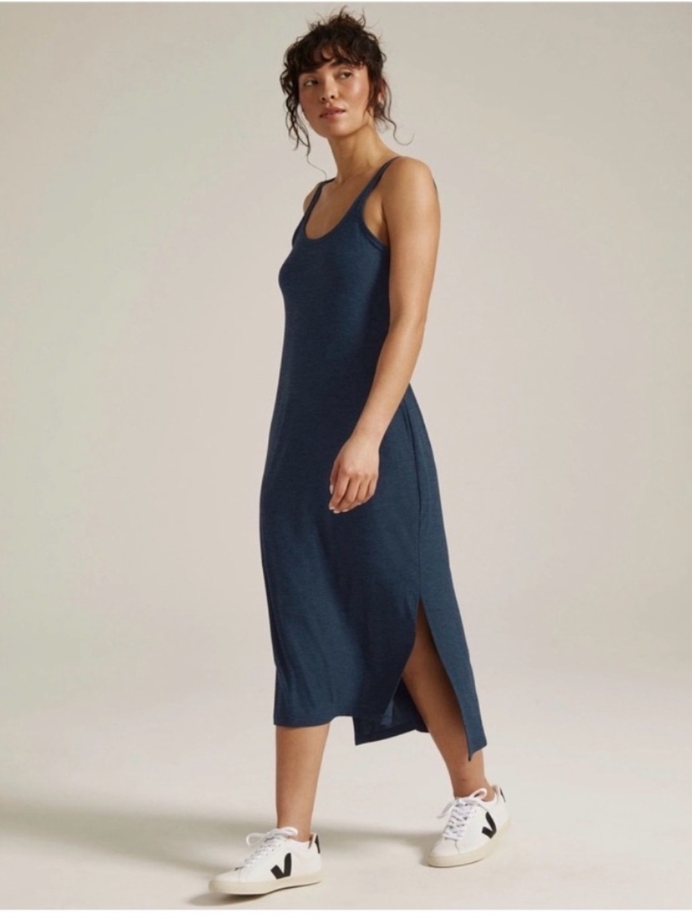 NWT Beyond Yoga Navy Blue featherweight resort Midi Dress with Side Slits